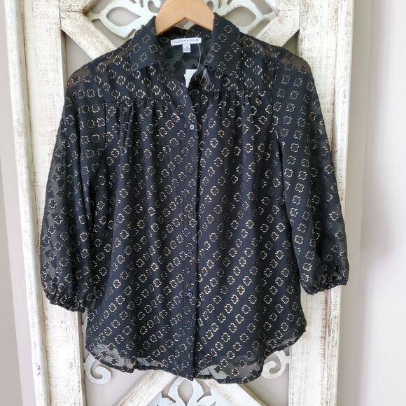 Notations Women's 3/4 Sleeve Foiled Jacquard Chiffon Blouse in Black & Gold - Picture 7 of 10
